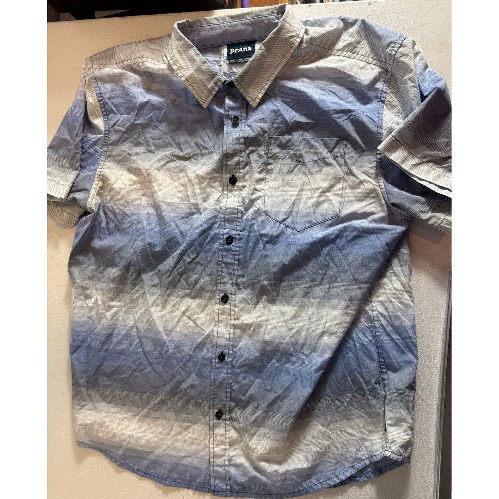 prAna Men's Large White & Blue Plaid Short Sleeve Button Down Shirt